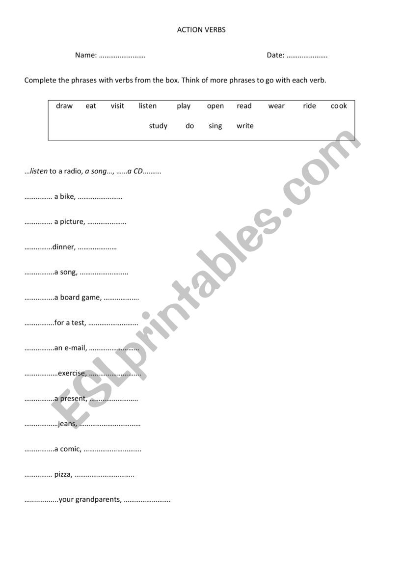 Action verbs worksheet