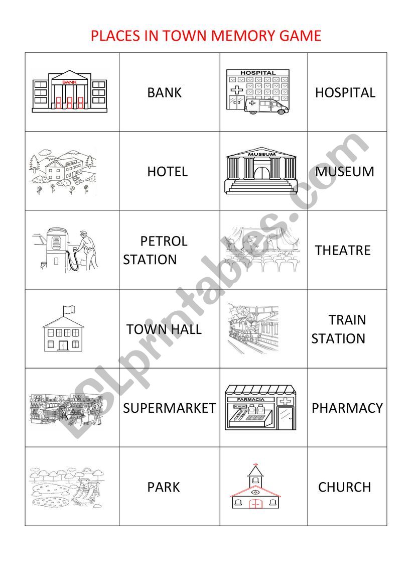 PLACES IN TOWN MEMORY GAME worksheet