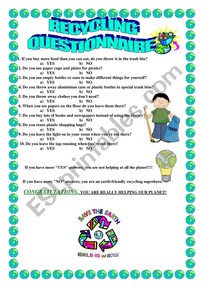 Recycling questionnaire worksheet