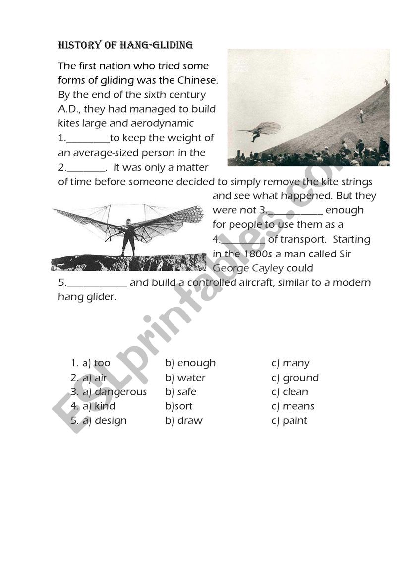 History of Hang-gliding worksheet