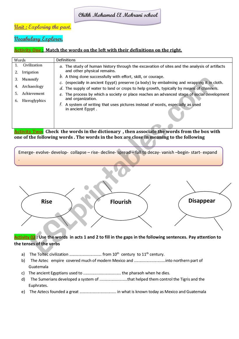 Civilizations vocabulary worksheet