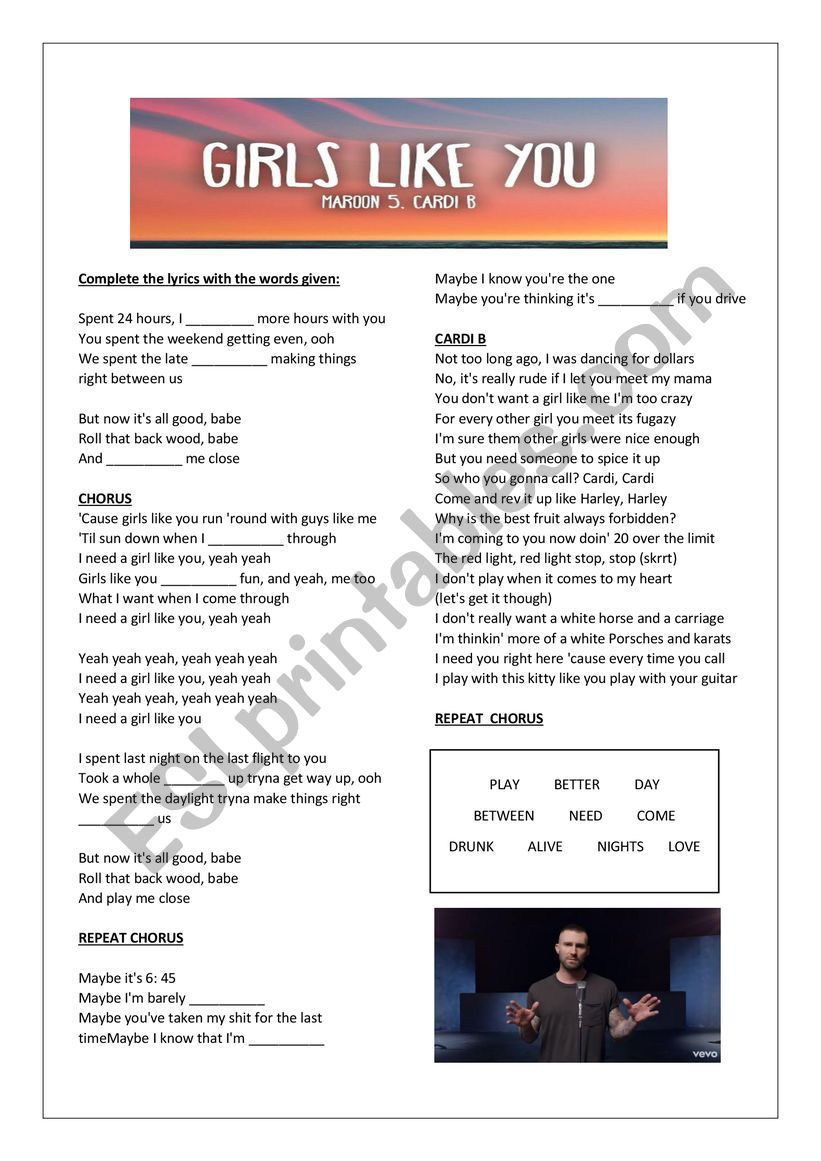 Girls Like You - Maroon 5 worksheet