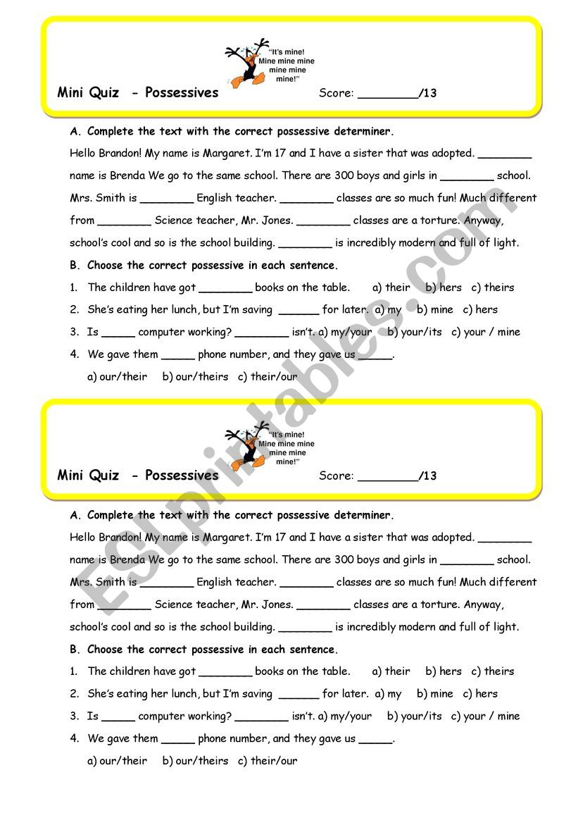 Possessives - Mini quiz worksheet