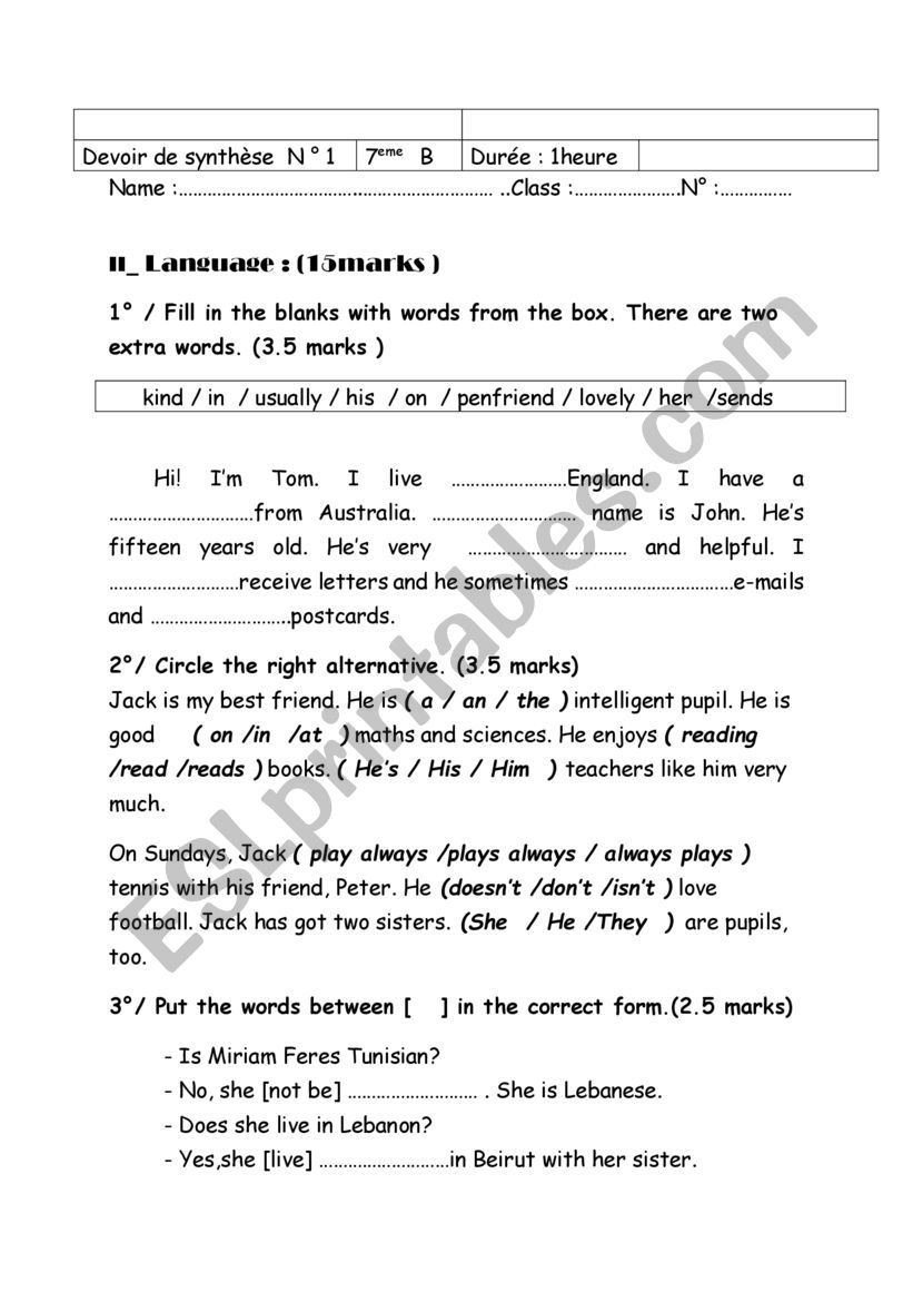 test n)& language part worksheet
