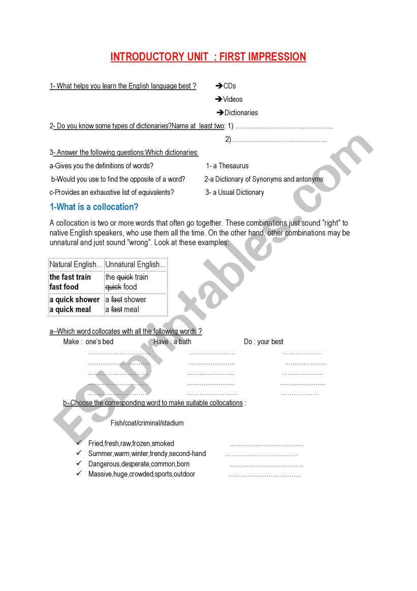 first impression worksheet