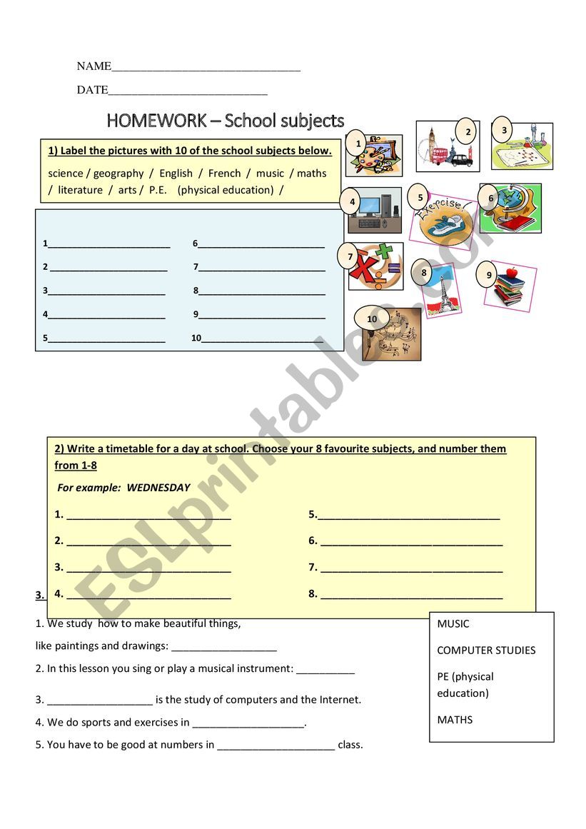 school subjects worksheet