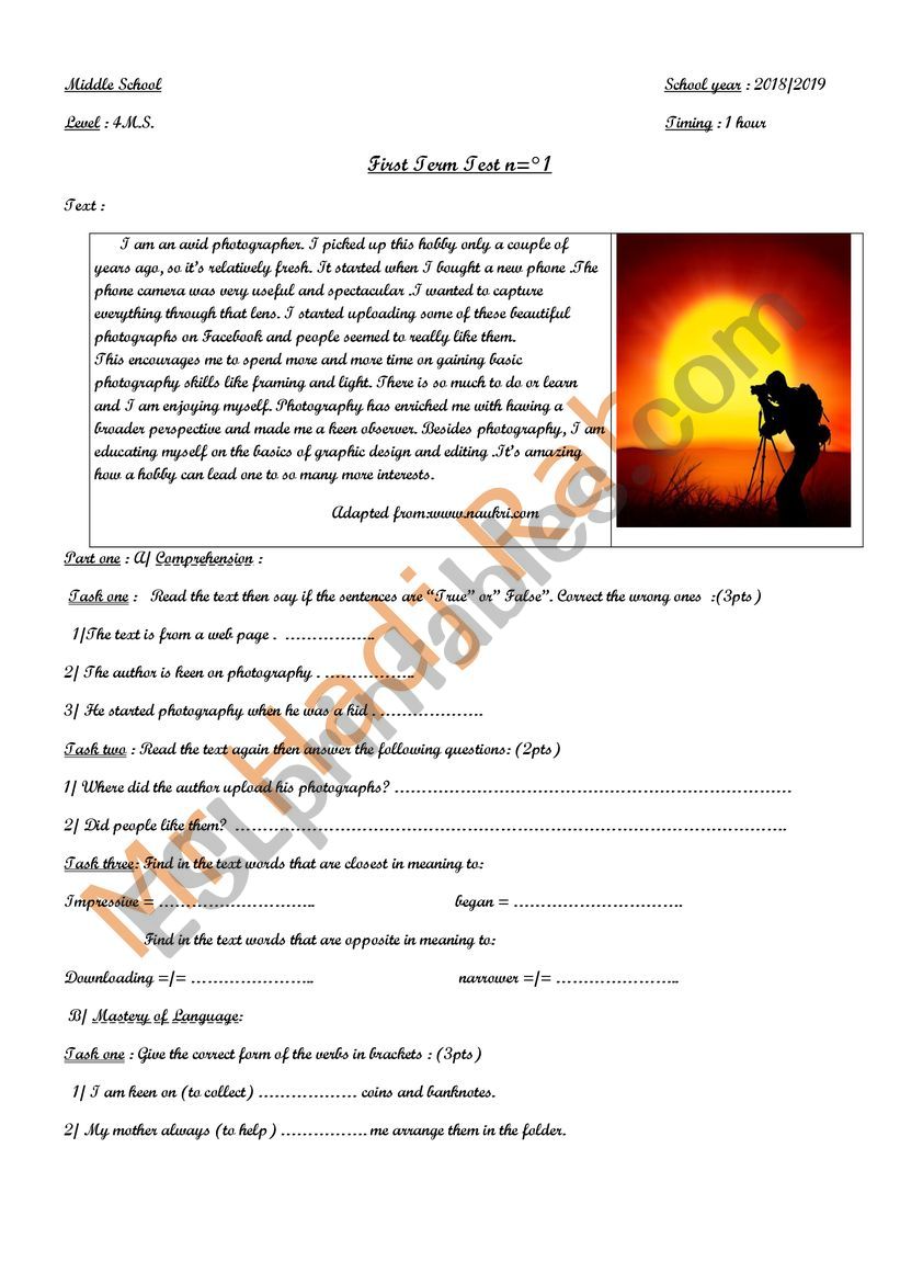 test of english worksheet