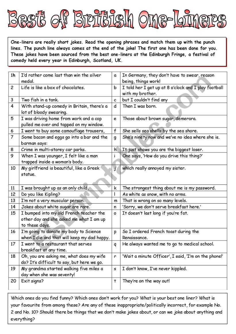 One-liners (short jokes) worksheet