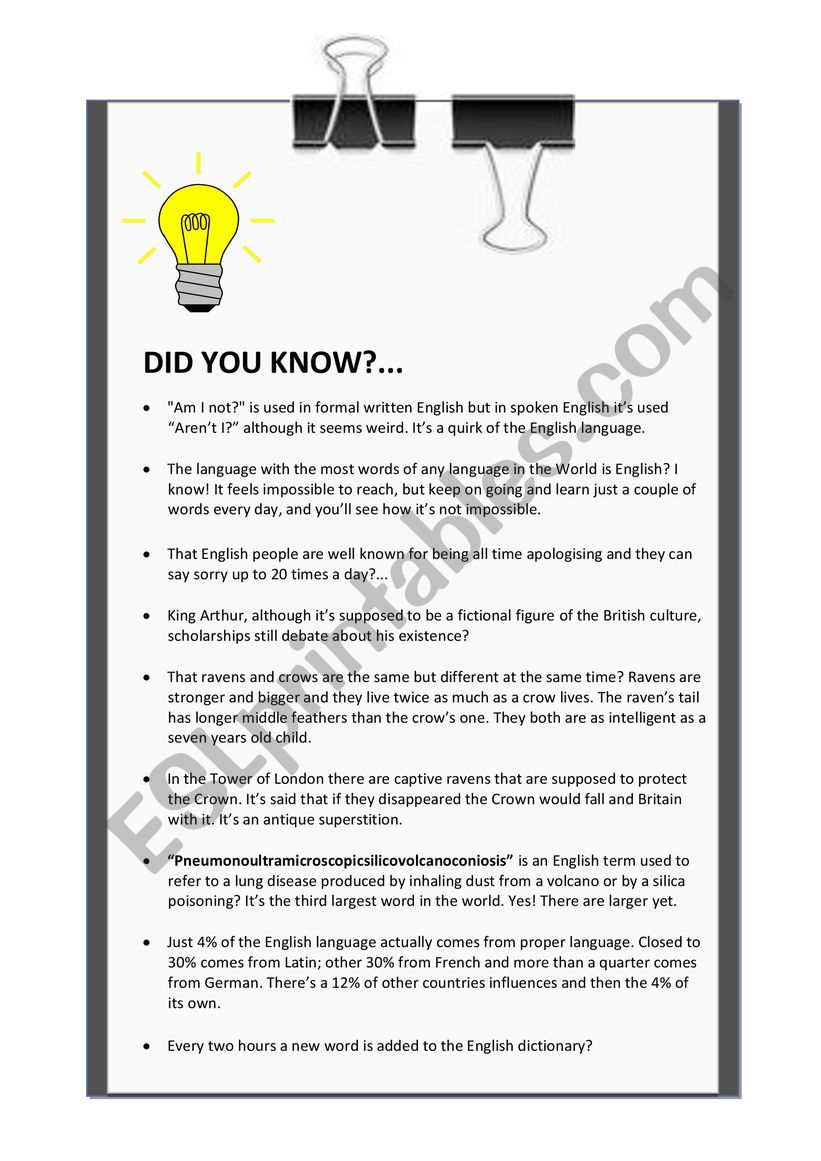 DID YOU KNOW? LEAFLET worksheet