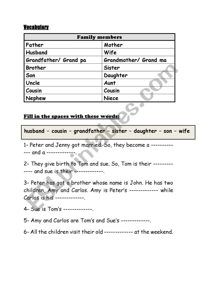 family members 7th form worksheet