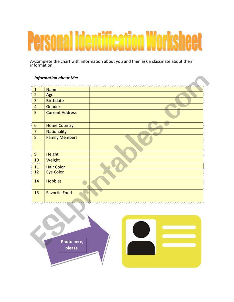 Personal ID worksheet