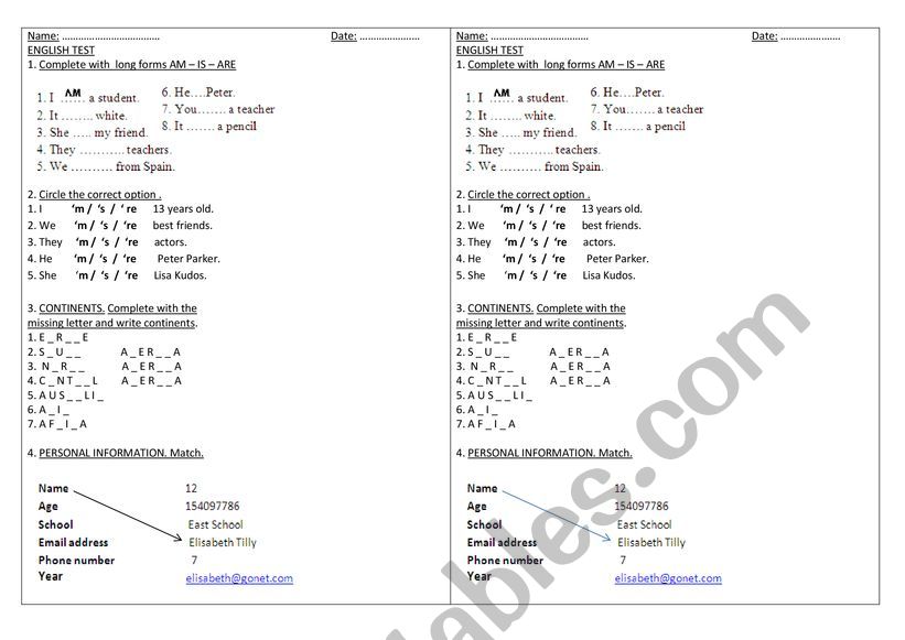 Simple test on verb be, personal info and vocabulary about continents