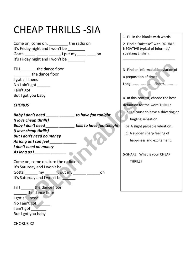 Song by Sia. Cheap Thrils worksheet
