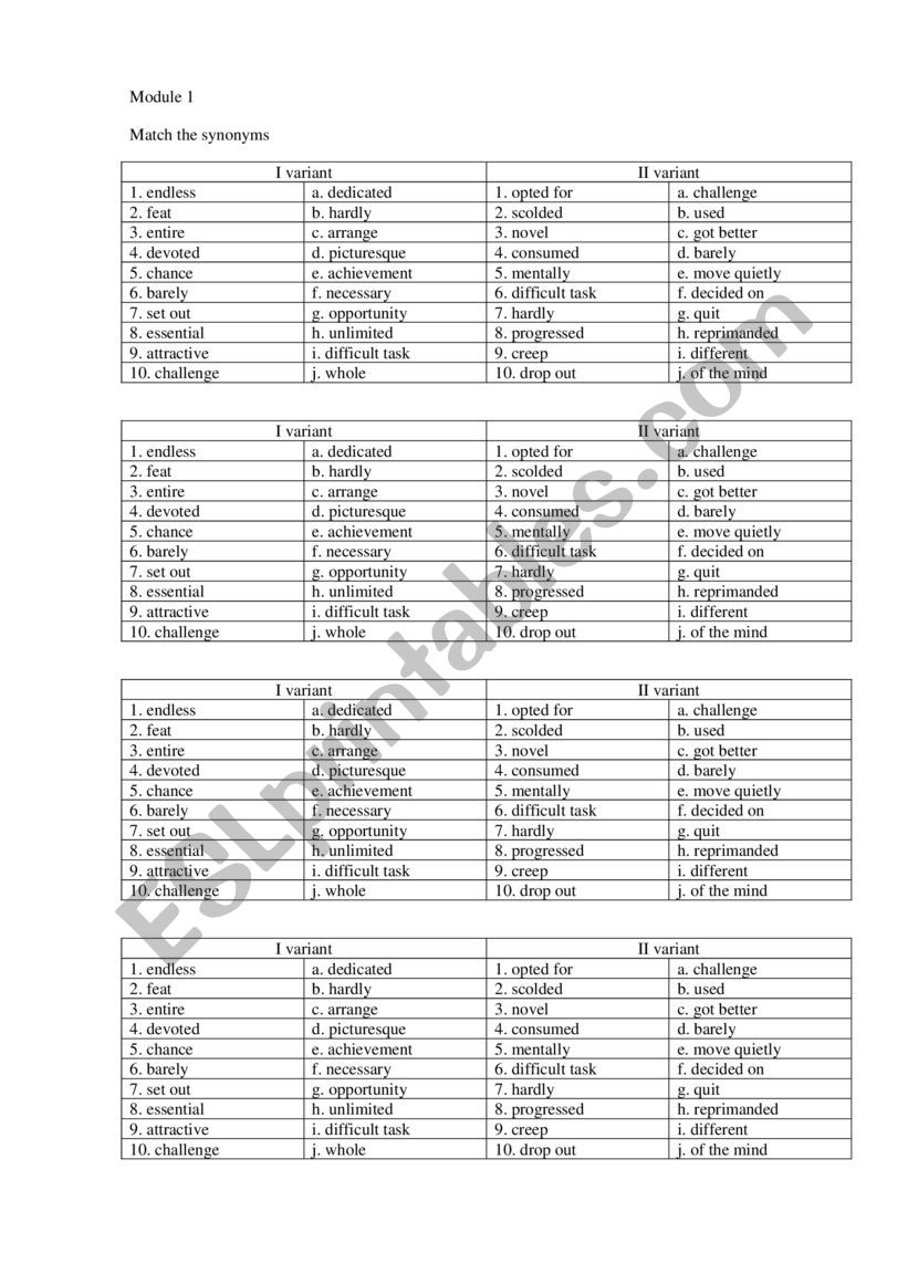 Synonyms worksheet