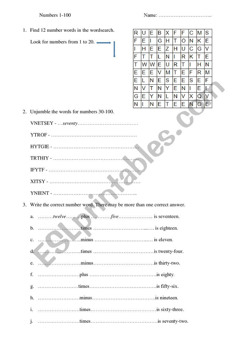 Numbers 1-100 worksheet