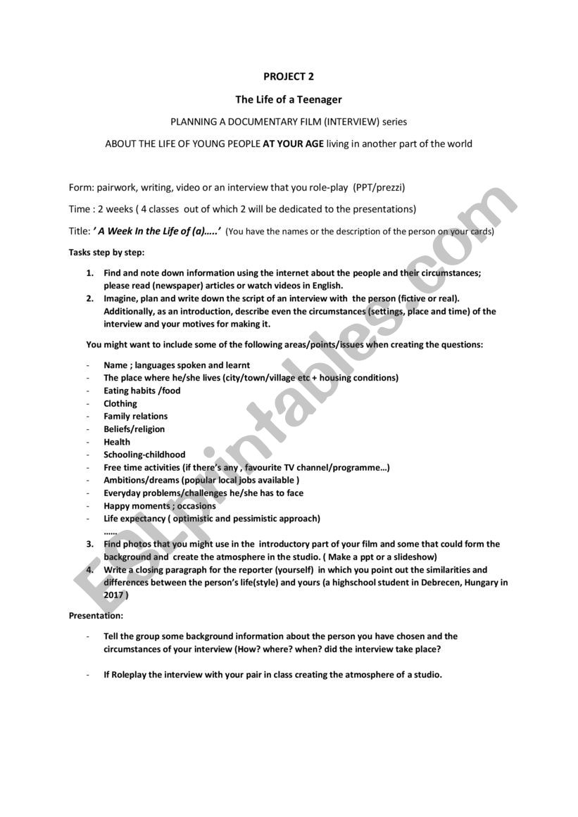 The Life of a Teenager  worksheet