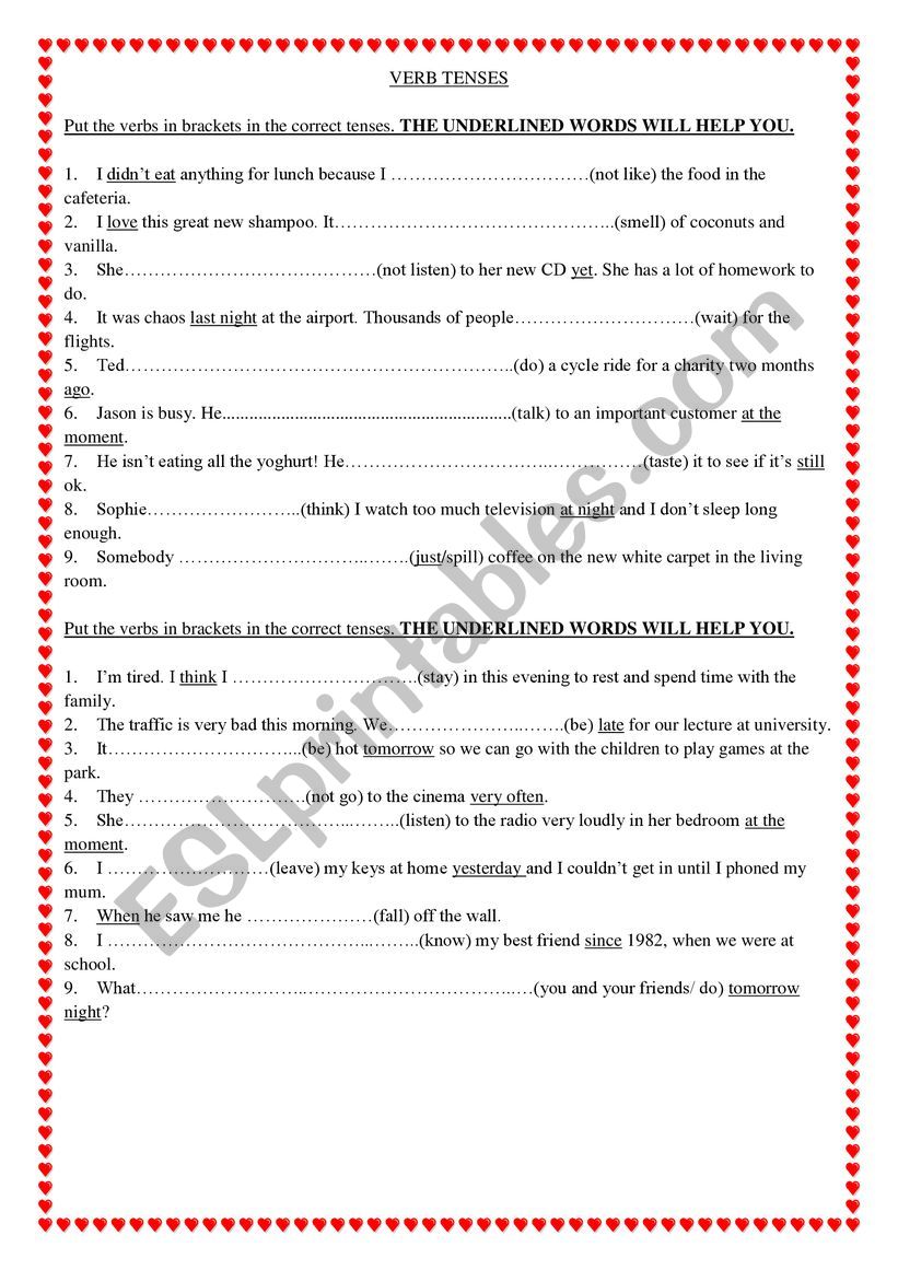 verb tenses worksheet