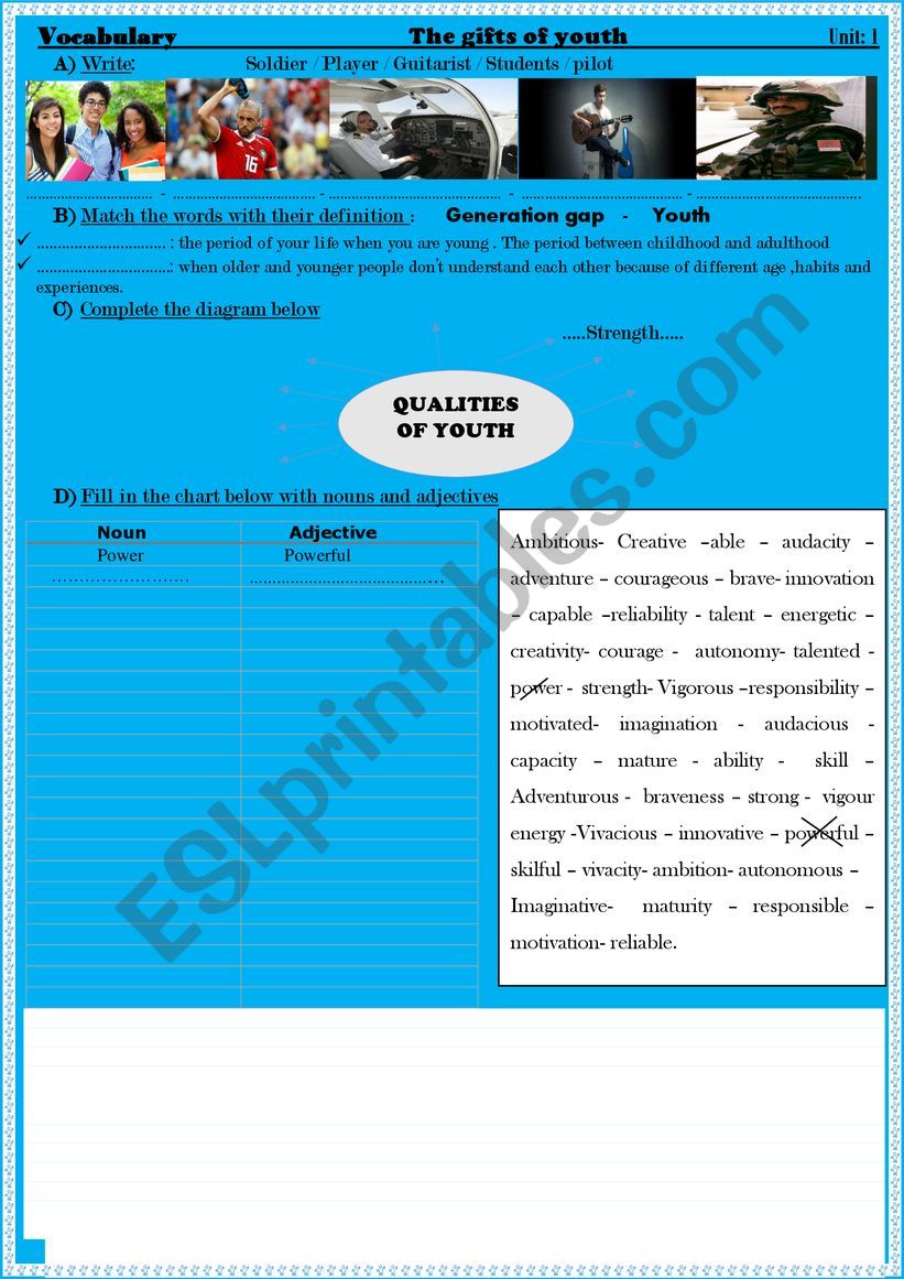the gifts of youth  worksheet