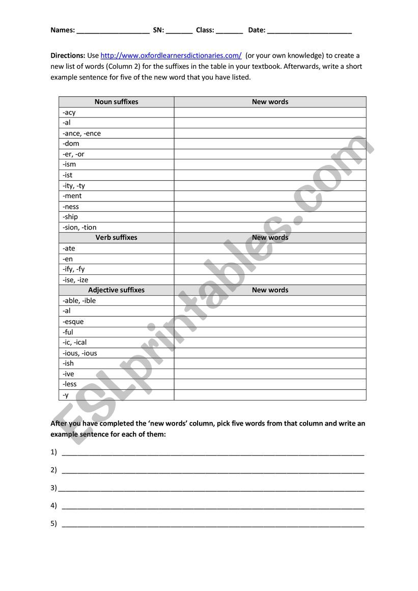 Suffixes worksheet