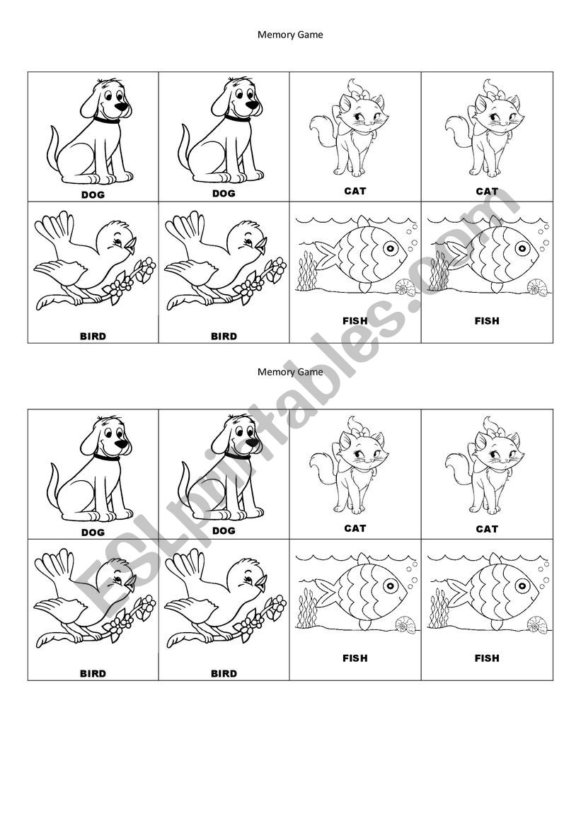 Pets - memory game worksheet