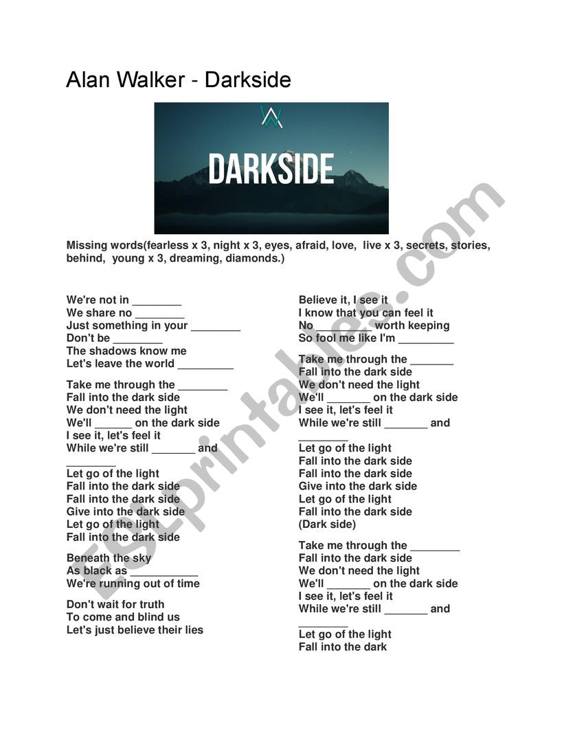 Alan Walker Darkside listening worksheet