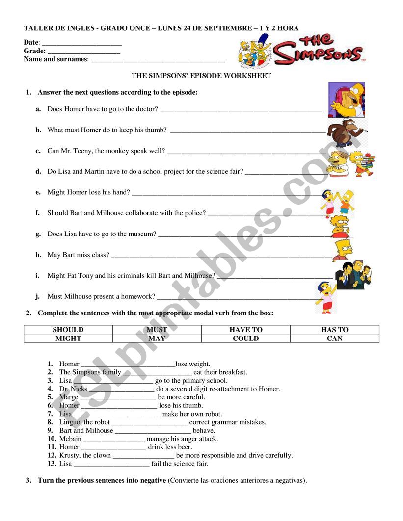 The Simpsons - modals worksheet