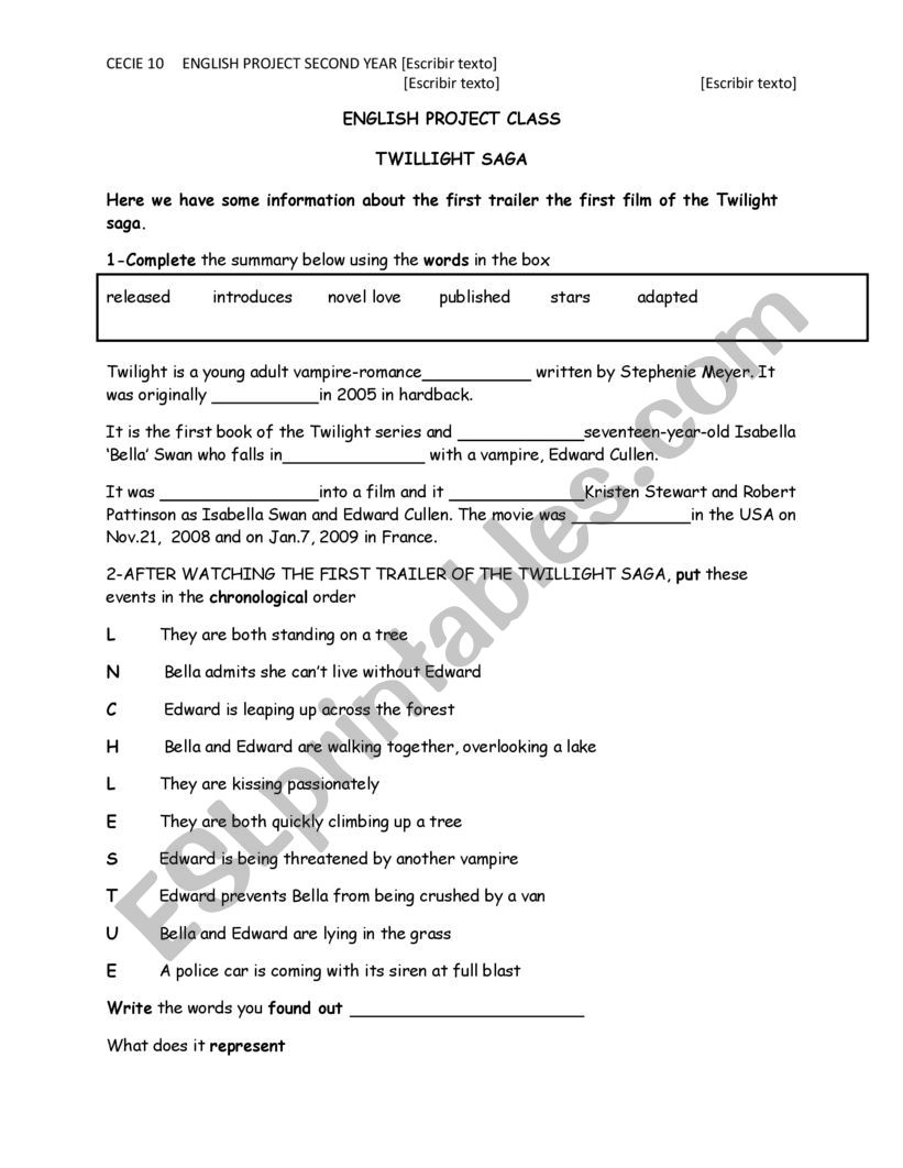 Englis Project  New Moon  worksheet