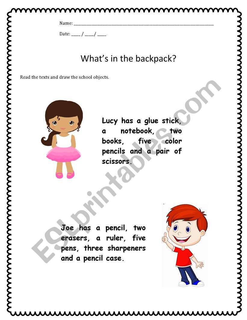 Whats in the backpack? worksheet