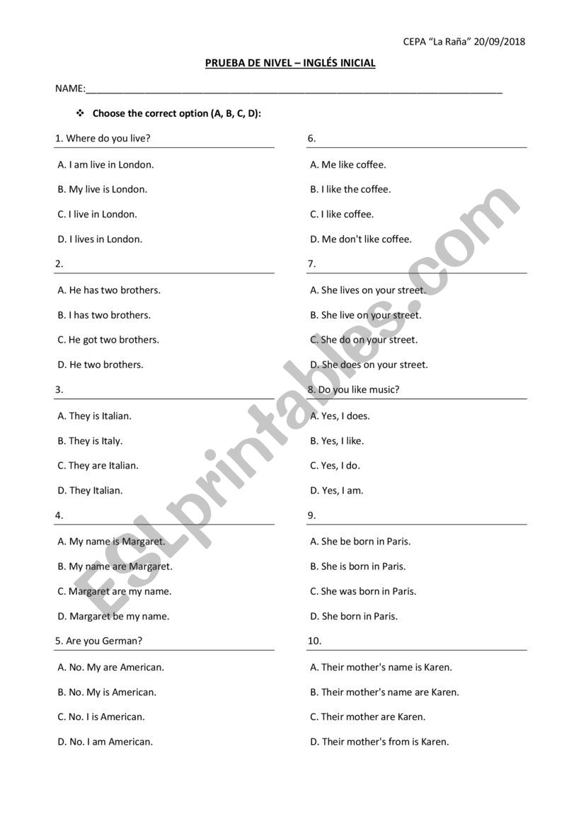 Level test - A1/A2  worksheet