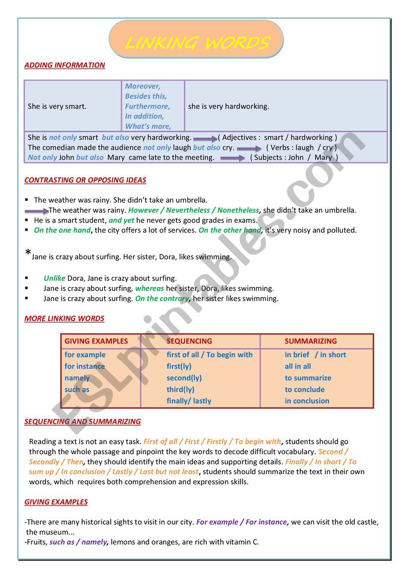 LINKING WORDS: ADDITION, OPPOSITION  AND CONTRAST