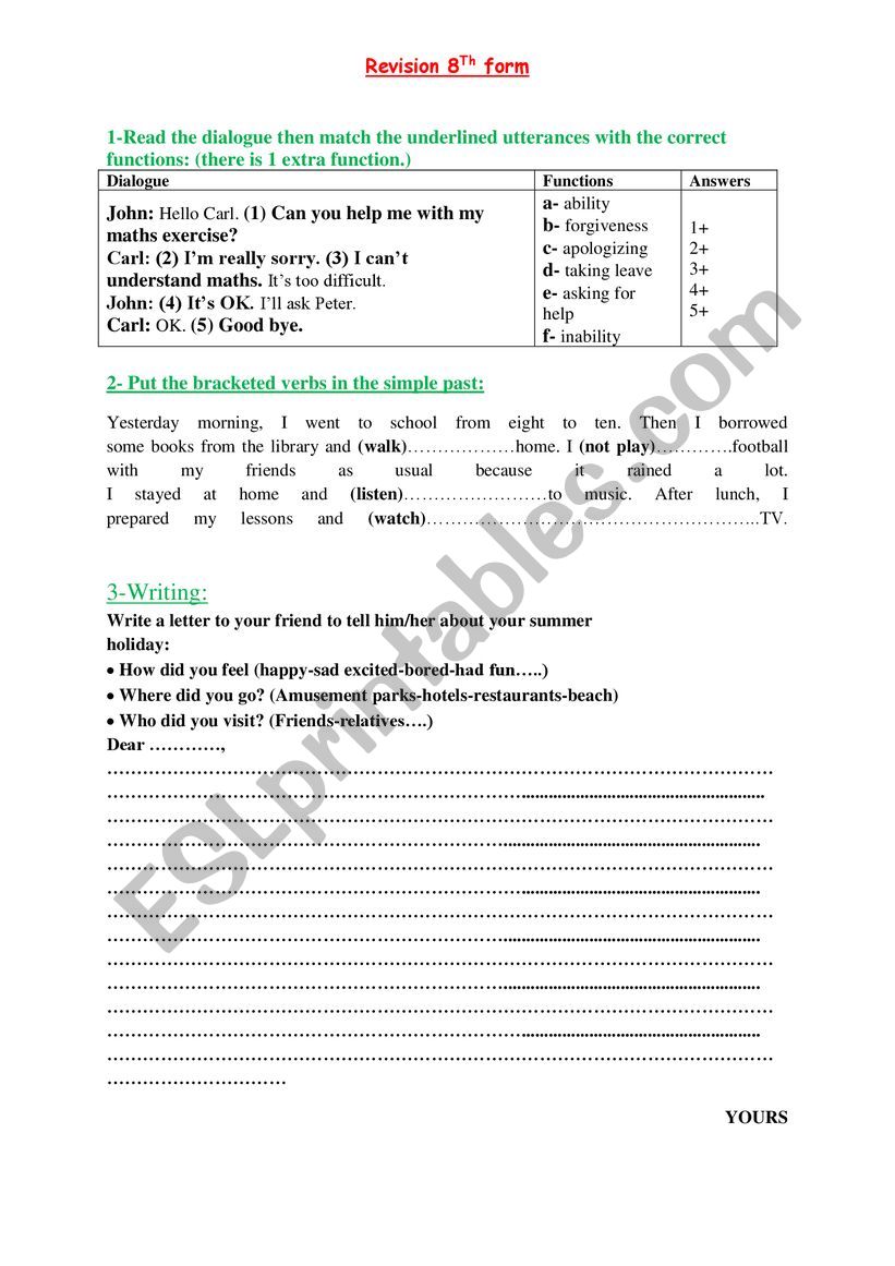 revision 8th form worksheet