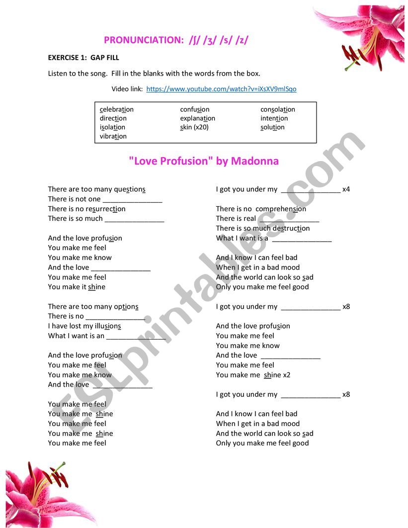 ʃ vs. ʒ vs. s vs. z - Love Profusion pronunciation worksheet