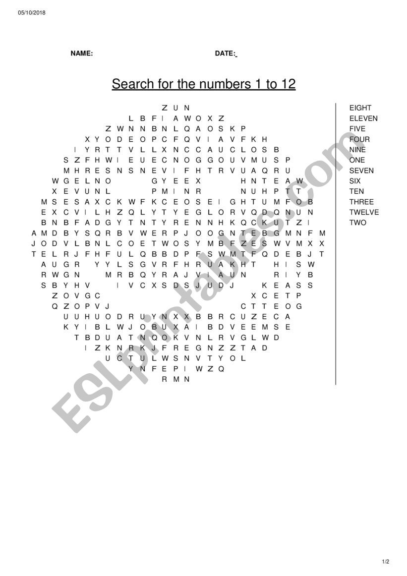 Wordsearch Number 1 to 12 worksheet