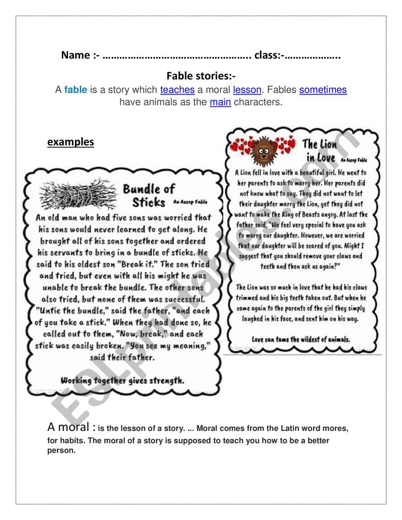 fable stories worksheet