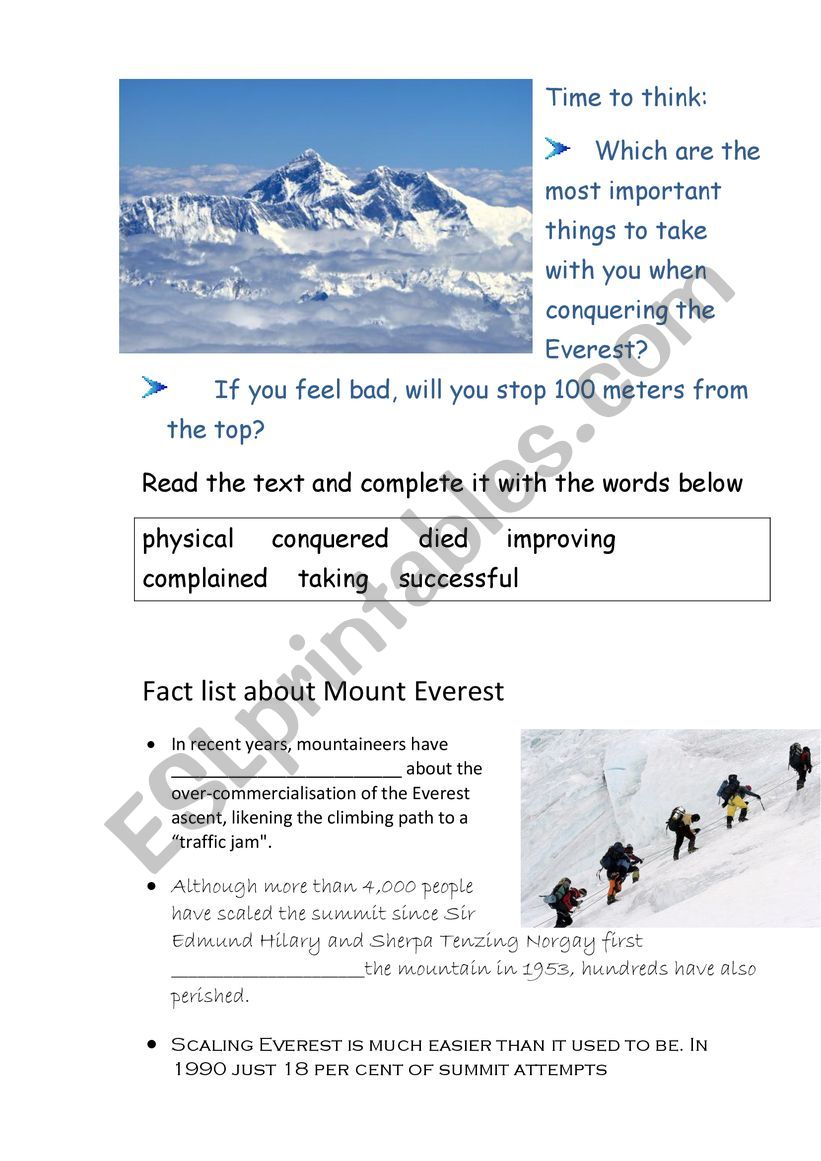 Mount Everest Facts worksheet
