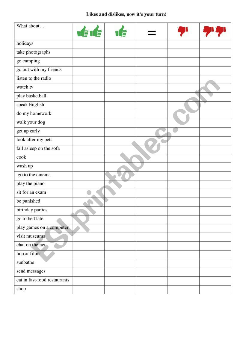likes and dislikes interview worksheet