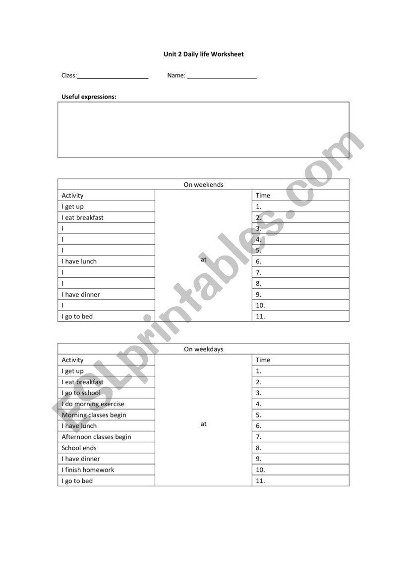 Daily routine worksheet
