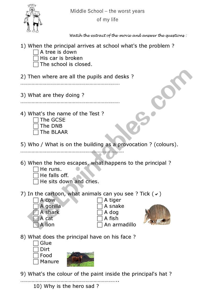 Middle School, the worst years of my life - the movie - ESL For Dirt The Movie Worksheet