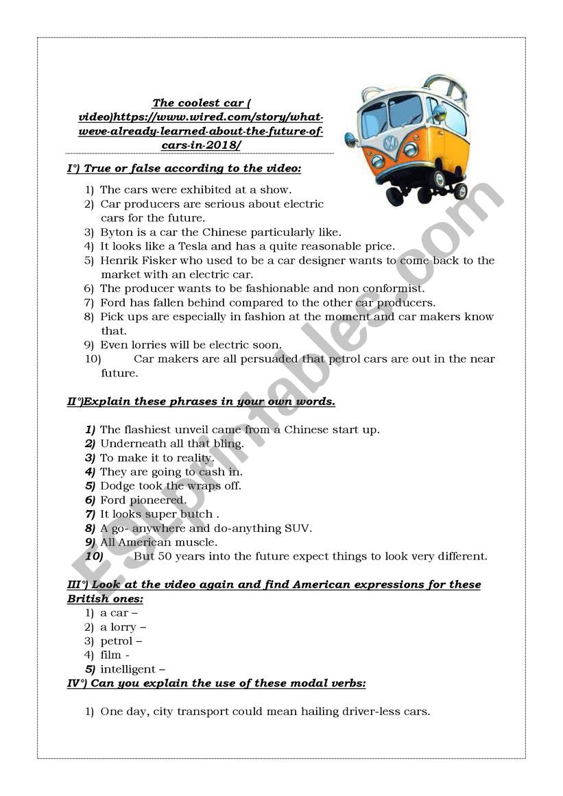 The coolest  cars - video worksheet