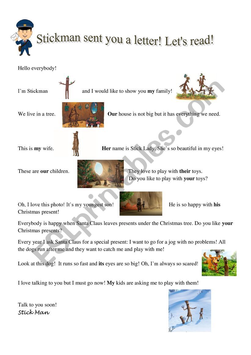 POSSESSIVE ADJECTIVES using STICKMAN by Julia Donaldson