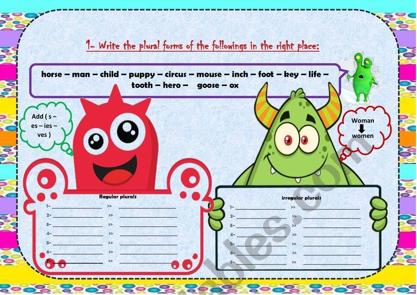 Feed the two monsters  Regular and  Irregular plurals