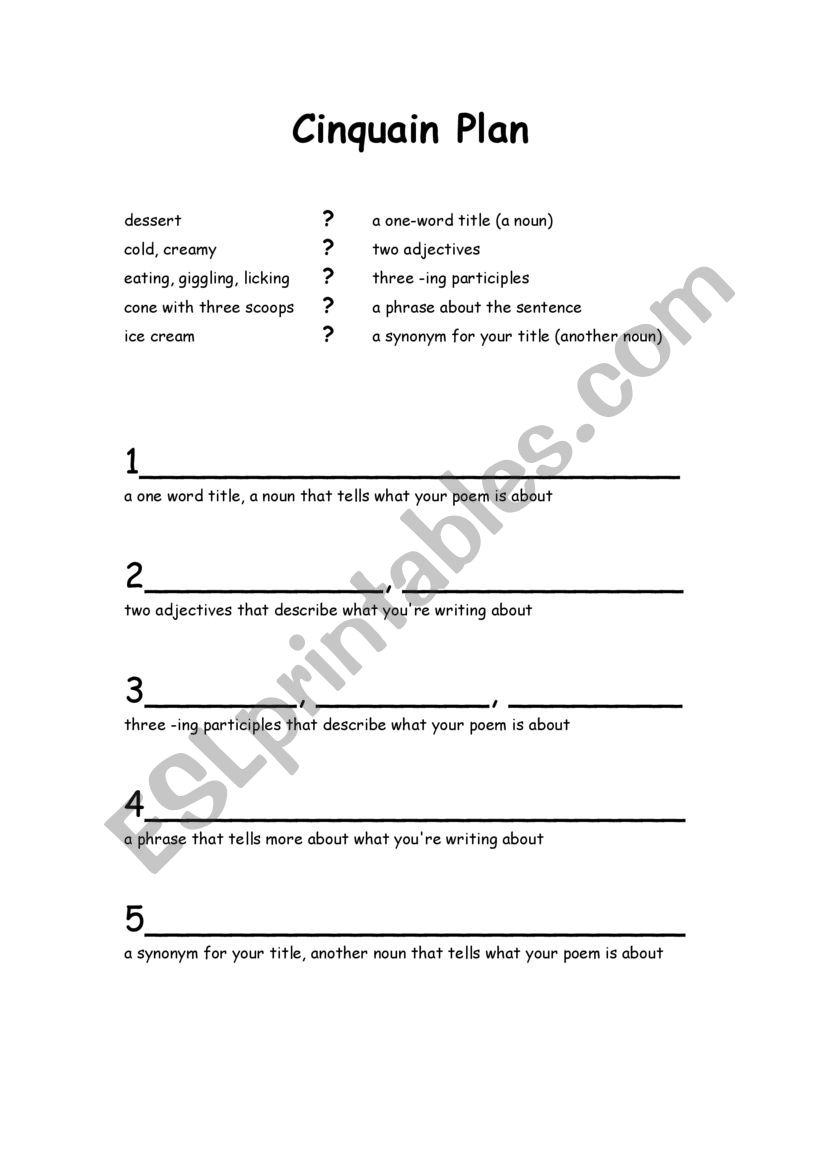 cinquain - ESL worksheet by elyes18