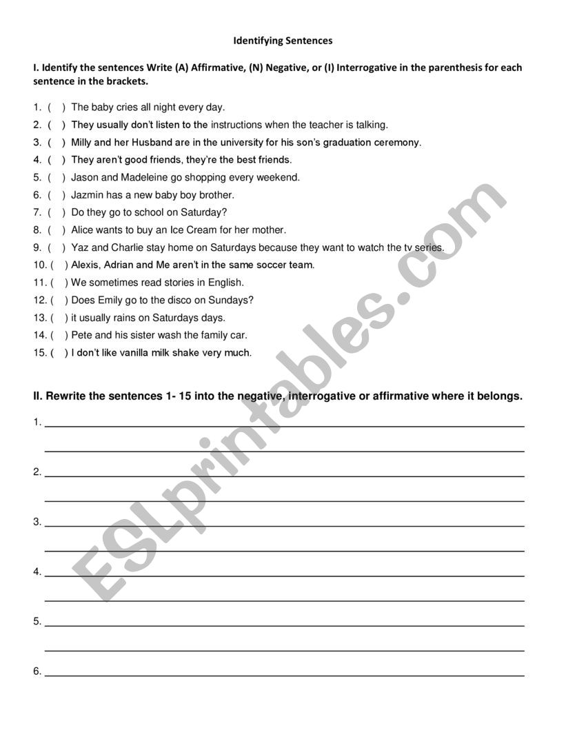 Identifying Sentences worksheet