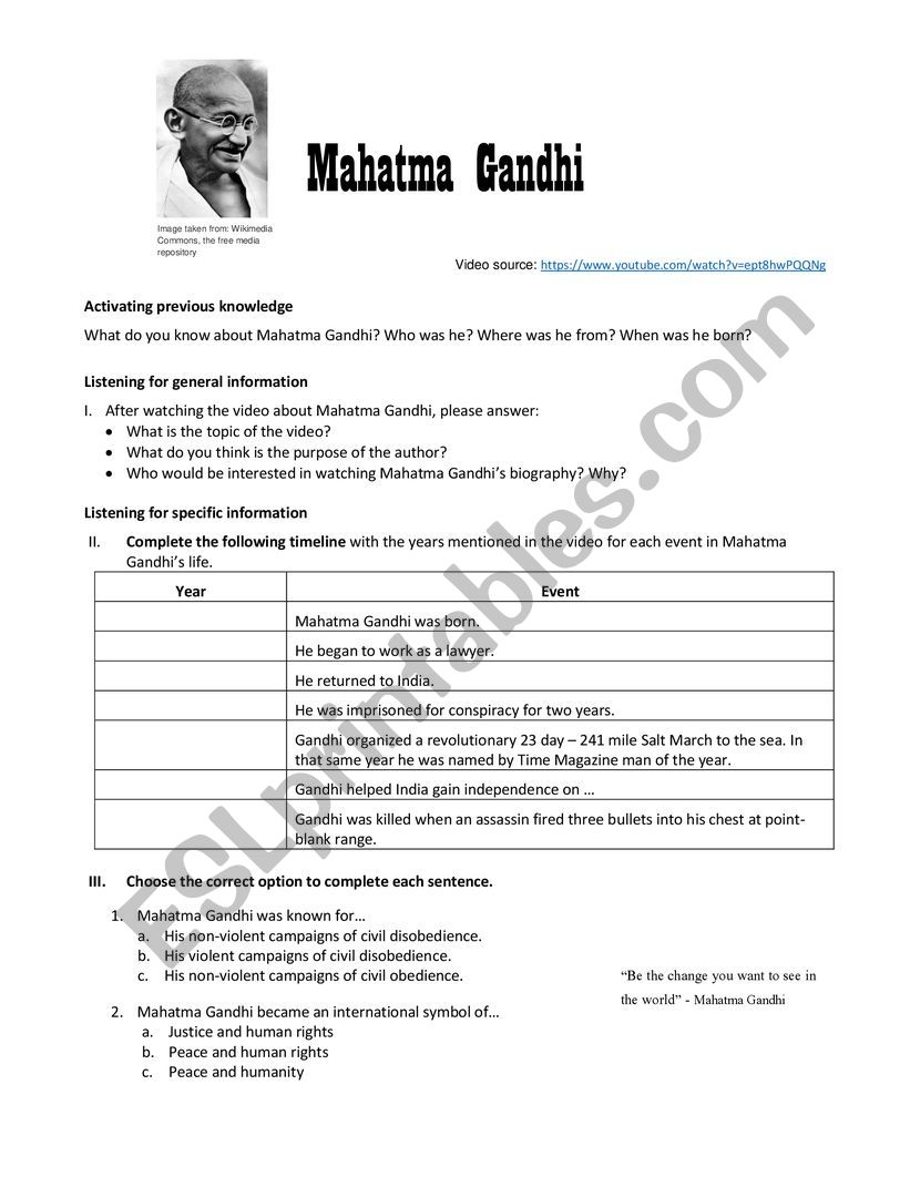 Mahatma Gandhi Listening Activity