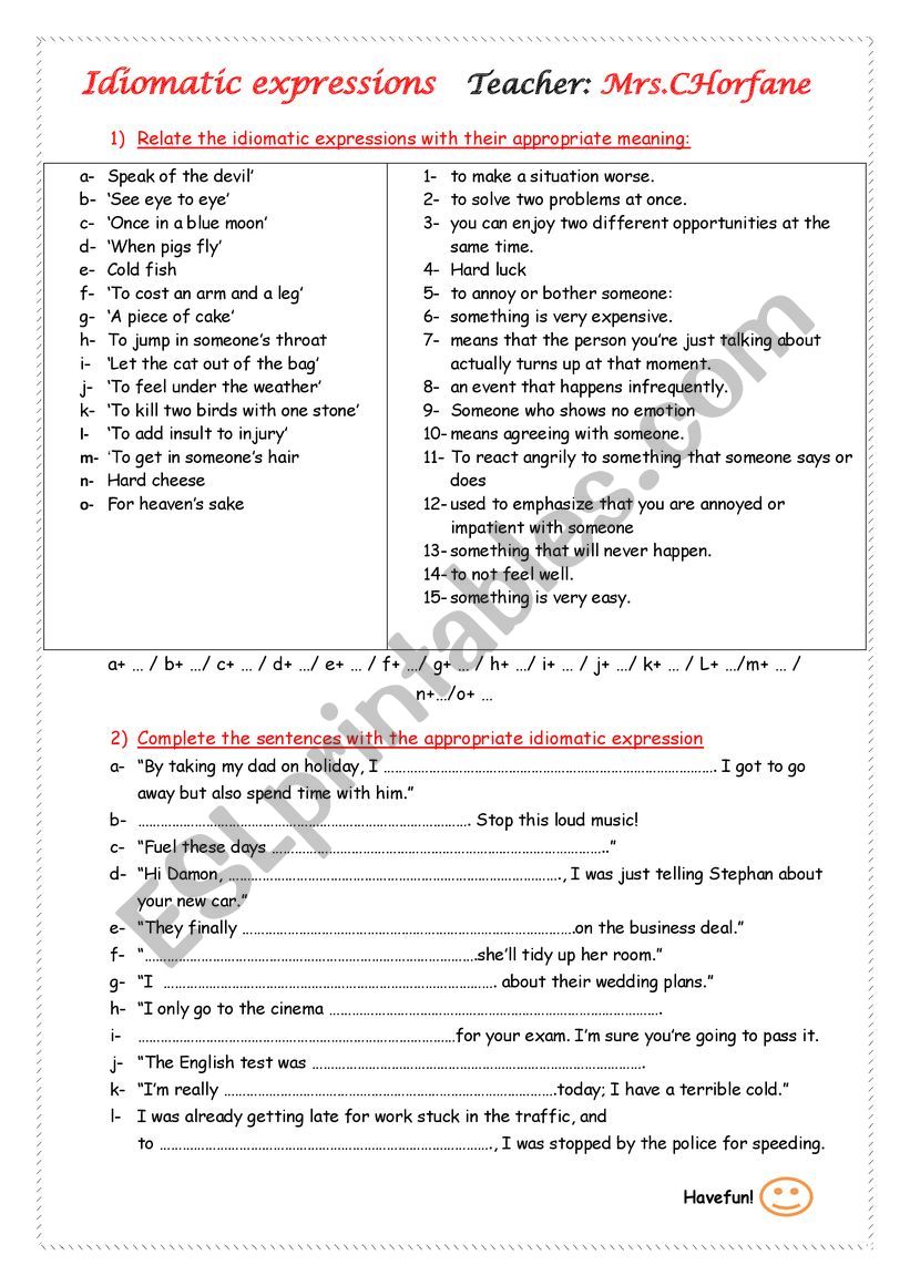 idiomatic expressions worksheet