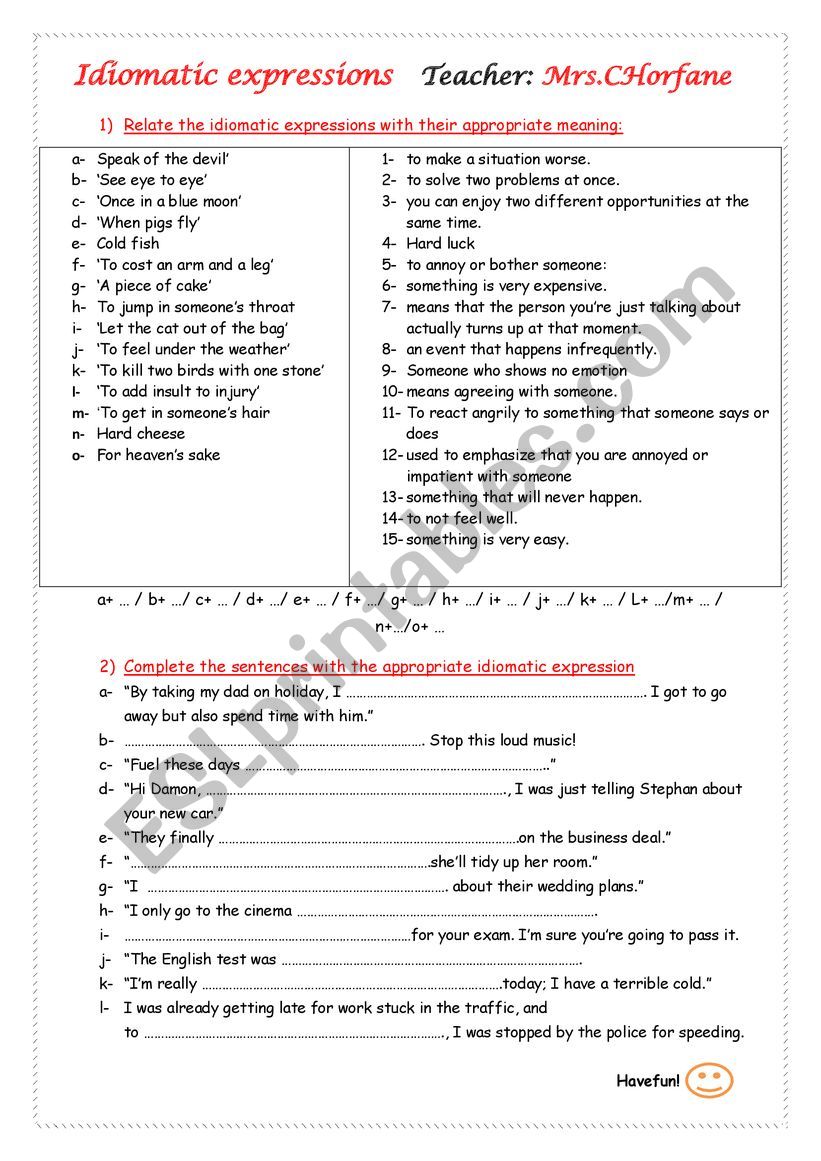 Idiomatic Expressions ESL Worksheet By Lostalias23