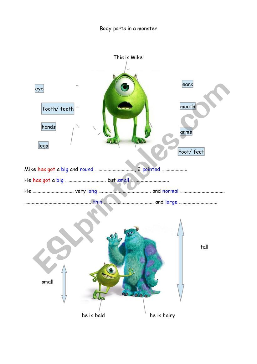 Monsters body parts worksheet