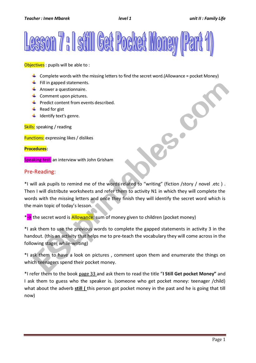 lesson 7 : I Still Get pocket money - ESL worksheet by imen mbarek