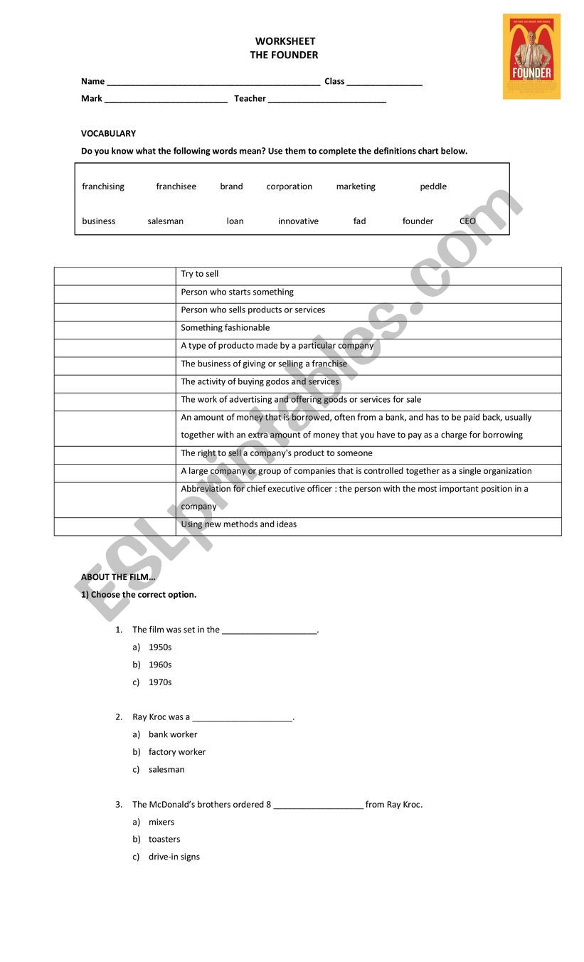 The Founder film worksheet worksheet
