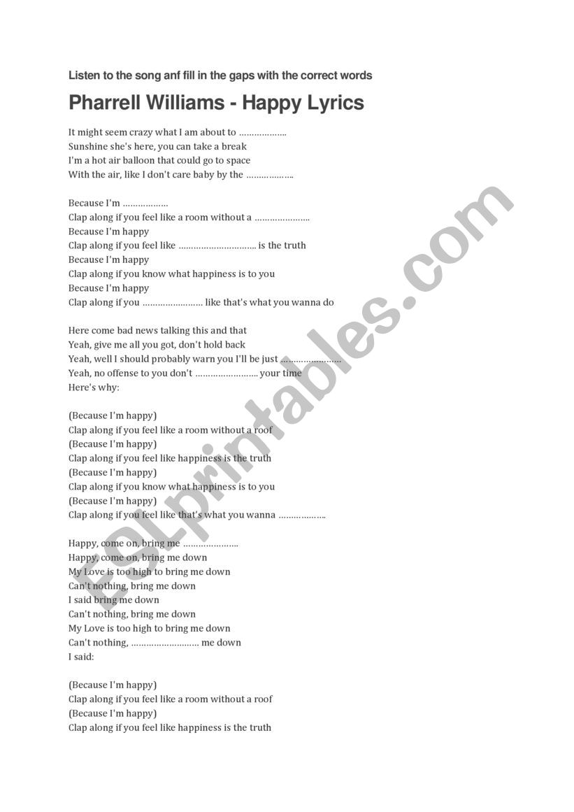 song activity worksheet